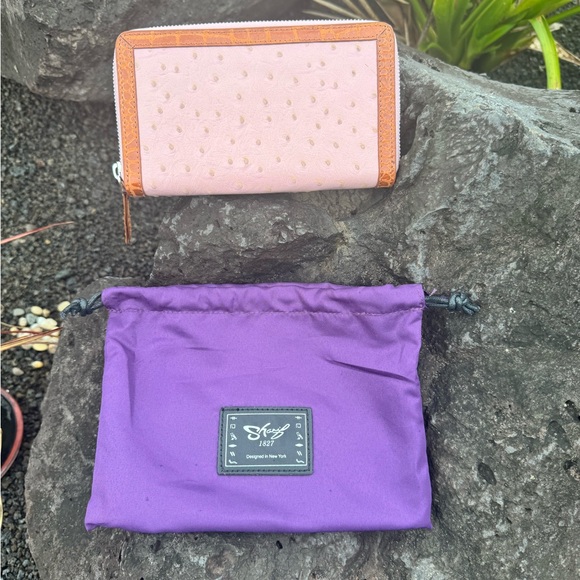 Handbags - Sharif 1827 Pink Ostrich Embossed Leather Zip Around Wallet with dust bag